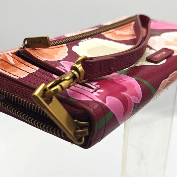 Fossil Leather Continental Wristlet Wallet Burgundy & Pink Florals - Picture 7 of 7